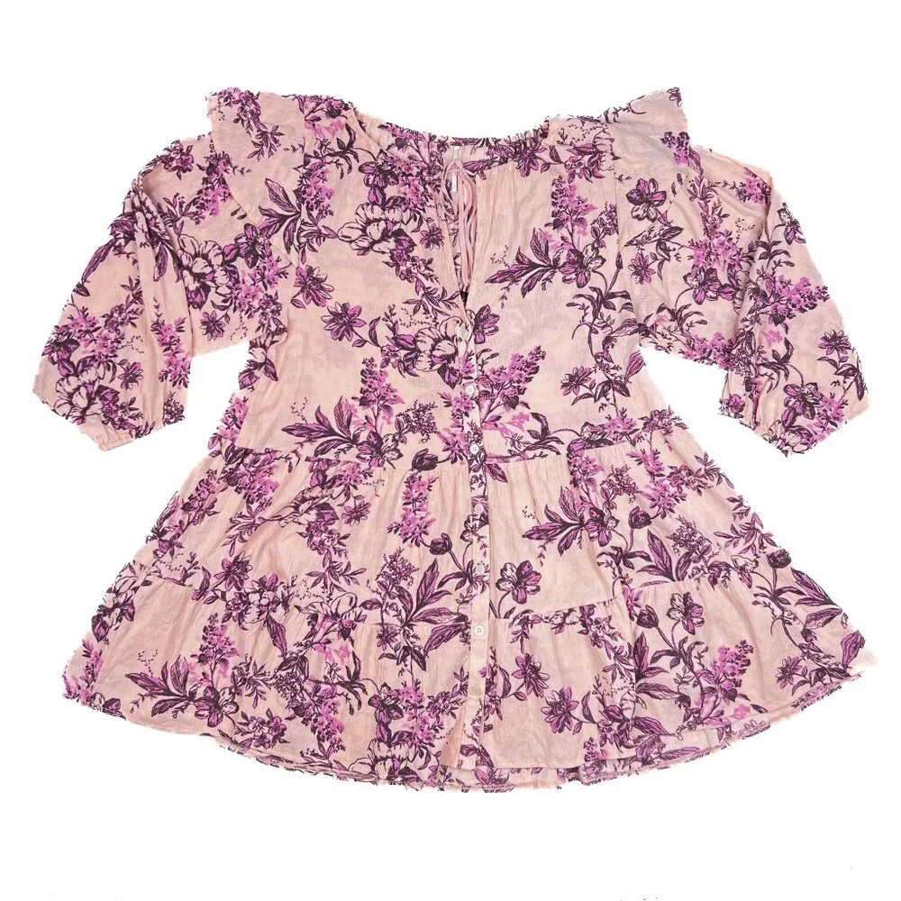 Free‎ People Sunbaked Swing Dress in Petal Pink Floral Crepe Ruffled Sz L - NWOT